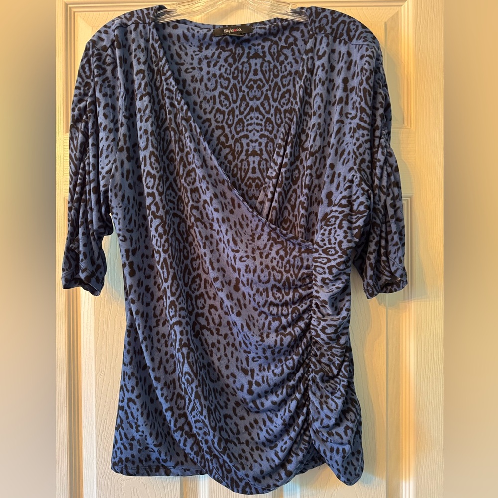 Style & Co. XL Blue and Black Leopard Print V-Neck Faux Wrap Blouse